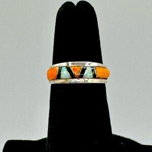 Native 925 Inlay Black Onyx, White Opal & Orange Spiny Oyster Ring Band Sz 4